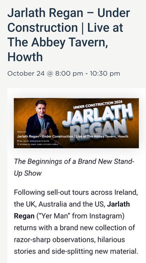 Jarlath Regan stand up comedian- 24 October Abbey Tavern, Howth