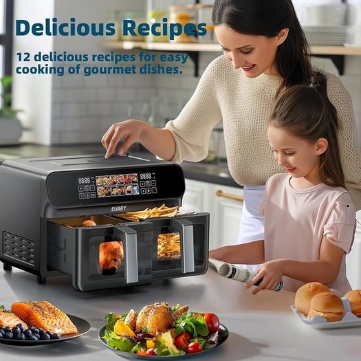 EUARY dual basket  Air Fryer 9L Oil Free 2 Compartments XXL 2800 W Large Capacity, 2 Air Fryer Bins, 12 Cooking Programs, Touch Screen, Appointment Function