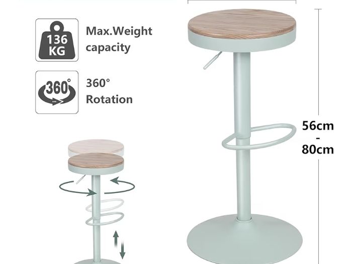 Bar Stools, Solid Wood Counter Height Barstools Set of 2, Vintage High Adjustable 360 Swivel Metal Bar Chairs, Breakfast Kitchen Stools, Mint Green