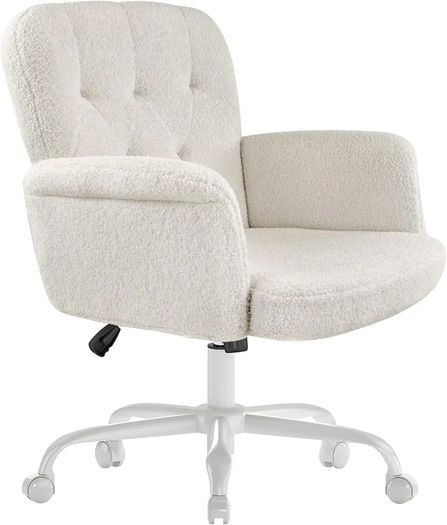Home Office Desk Chair, Comfy Upholstered Fuzzy Vanity Chair with Wheels and Arms, Teddy Velvet Cute Adjustable Swivel Computer Seat for Living Room, Bedroom, Make Up and Salon, White