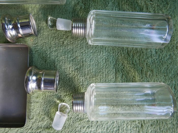 Antique Edwardian 1800s Set 5  Apothecary Bottles Ground-Glass Stoppers, Glass Vanity Pin Bottles Jars