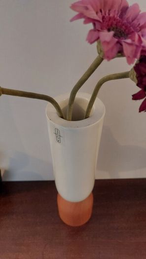 Fabulous Ceramic and Wood "TWO" Vase by the Danish Design Company Kristina Dam Studio, Copenhagen, Excellent Condition, Monochromatic Scandi Minimalism at its Best