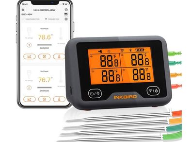 INKBIRD Wi-Fi Bluetooth Barbecue Thermometer IBBQ-4BW Rechargeable Wireless BBQ Thermometer with 4 Probes Temp Graph Calibration Timer Temp Alarm Digital Meat Thermometer