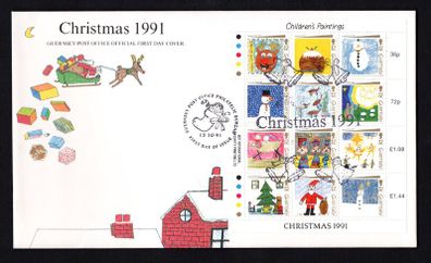 1991 Guernsey Christmas "Childrens Paintings" Sheet Commemorative Stamps Official First Day Cover (FDC)