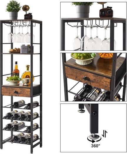 Wine Rack Freestanding Floor, Bar Cabinet,Coffee Bar Cabinet 4-Tier Wood bar Cabinet,Glass Holder and Storage Drawer for Home Bar Kitchen Living Room,Brown