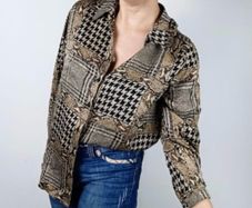 Vintage JAEGER 100% Silk Patchwork Blouse Houndstooth & Snakeskin Print L