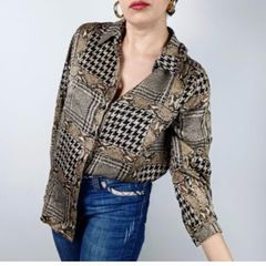 Vintage JAEGER 100% Silk Patchwork Blouse Houndstooth & Snakeskin Print L