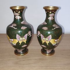 2 enamelled vases with butterflies