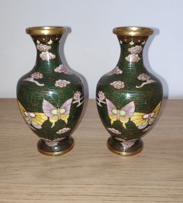 2 enamelled vases with butterflies