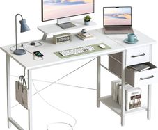 Desk with Drawers & Power Outlets, 100x50cm Home Office Desk with Monitor Stand, Gaming Table with Reversible Storage Shelf & Hook,