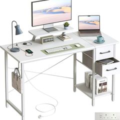 Desk with Drawers & Power Outlets, 100x50cm Home Office Desk with Monitor Stand, Gaming Table with Reversible Storage Shelf & Hook,