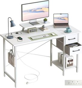 Desk with Drawers & Power Outlets, 100x50cm Home Office Desk with Monitor Stand, Gaming Table with Reversible Storage Shelf & Hook,
