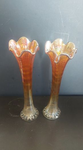 Fabulous Pair of Antique/Vintage Imperial Glass Company Carnival Glass Ripple Swung Vases in the Ombre Marigold Opalescent Colourway, Circa 1907 -1930, Priced as a Pair