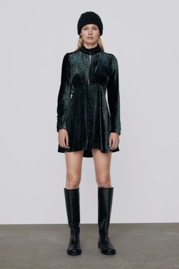 ZARA VELVET PRINTED Short dress with a high neck