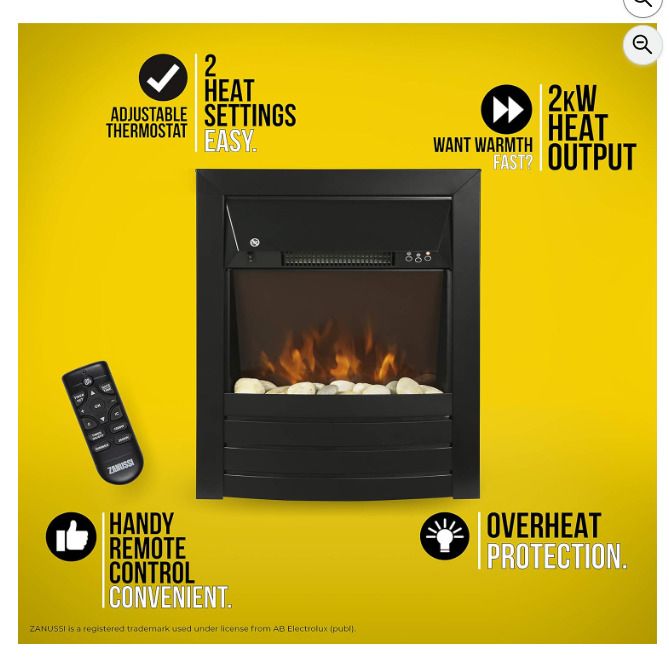 Zanussi 2KW Black Electric Inset Fire Stove with 2 Heat Settings, Timer and Remote Control