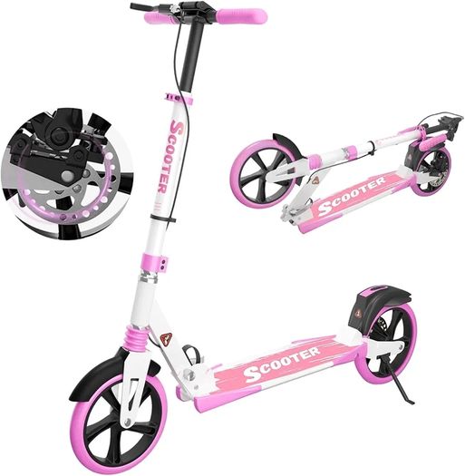 Scooter with Disc Brake & Dual Shock Absorbers, 200mm PU Wheels ABEC-7 Bearings, Foldable Scooter for Teenagers and adults, Non-Slip Deck - Pink/White/Blue