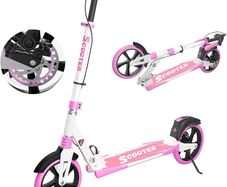 Scooter with Disc Brake & Dual Shock Absorbers, 200mm PU Wheels ABEC-7 Bearings, Foldable Scooter for Teenagers and adults, Non-Slip Deck - Pink/White/Blue