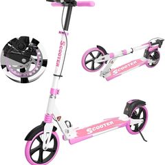 Scooter with Disc Brake & Dual Shock Absorbers, 200mm PU Wheels ABEC-7 Bearings, Foldable Scooter for Teenagers and adults, Non-Slip Deck - Pink/White/Blue