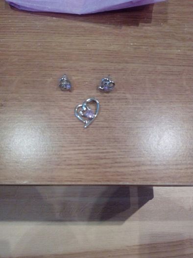 Ideal gift Silver plated silver and pink pastel crystal heart pendant only and earrings jewellery set with blue organza bag with butterfly design