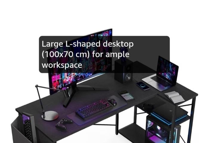 L Shaped Gaming Desk, 100x70 cm Computer Desk with Storage Bag, Office Desk Small Writing Table with Large Reversible Storage Shelves, Workstation for Study Play Work Home Office, Black