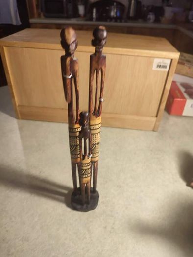 3 Vintage Hand Carved African Pencil Thin Tall Hand Painted Figures 12.5"