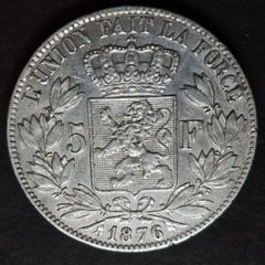 1876 Belgium 5 Francs - Leopold II small head Silver coin