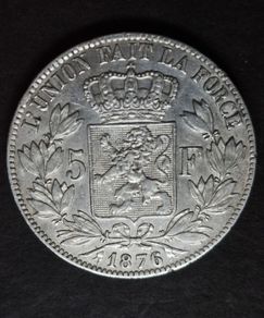 1876 Belgium 5 Francs - Leopold II small head Silver coin