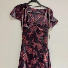 Vintage Style Velvet Mini Dress Purple Floral Y2K M 38 10
