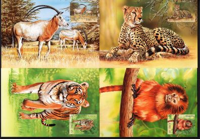 1998 Ireland Endangered Animals (Cheetah, Oryx, Tamarin & Tiger) Stamps Maximum Cards First Day of Issue Cancel with matching stamp.
