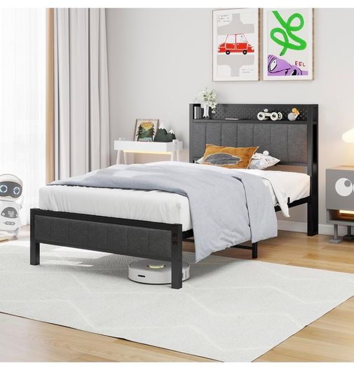 Single Bed Frame with Storage Headboard Shelf, No Box Spring Needed 3ft Upholstered Bed Frame with Heavy Duty Metal Slats, Easy Assembly,Gray, for Small Bedroom, Dorm, Guest Room