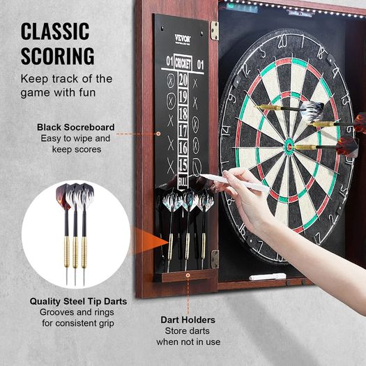 Dartboard and Cabinet Set, Ready-to-Play Bundle Official Size Dartboard Cabinet, Steel Tip Dart Hideaway Cabinet, Features LED Light