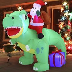 6 FT Long Santa Ride on Dinosaur Inflatable with Build-in LEDs Blow Up Inflatables for Xmas Party Indoor, Outdoor, Yard, Garden, Lawn Winter Decor (FREE POSTAGE)