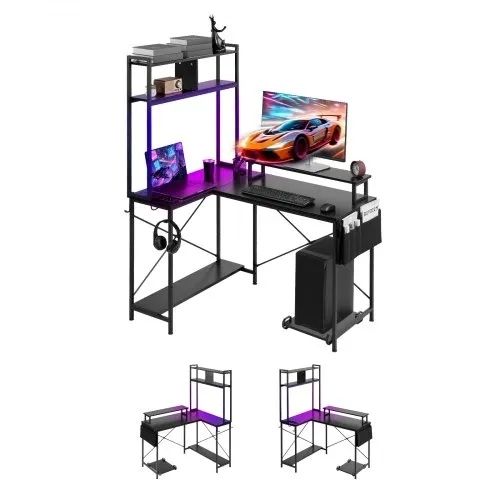 L-Shaped Gaming Desk with LED Lights, 1.2m Reversible Corner Computer Desk with Monitor Stand, Power Outlets, Movable CPU Stand & Shelf