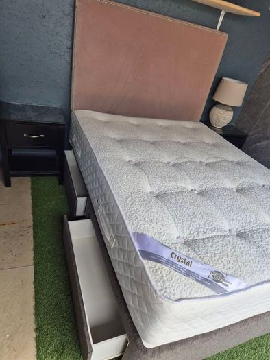 Bed frame, mattress, headboard, 2 night stands and lamp