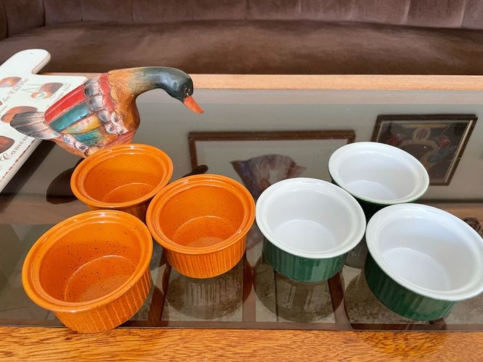 Vintage Mixed Set Emile Henry Ramekins Brown and Green Ribbed Oven to Tableware Set of 6 1980s 2000s