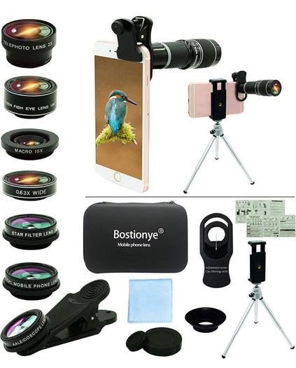 Cell Phone Camera Lens Kit,11 in 1 Universal 20x Telephoto Lens,0.63Wide Angle+15X Macro+198 Degree Fisheye+2X Telephoto+Kaleidoscope+CPL/Starlight/Eyemask/Tripod,for Most iPhone Smartphone (FREE POSTAGE)