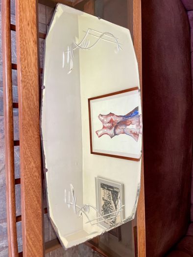 Large Vintage Mid Century Bevelled Mirror with Chain Reverse Etched Chinoiserie Detail