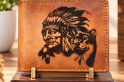 Genuine Leather Wallet for Men Native American &amp; Wolf Design Wallet Western Bifold Wallet