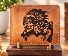 Genuine Leather Wallet for Men Native American & Wolf Design Wallet Western Bifold Wallet