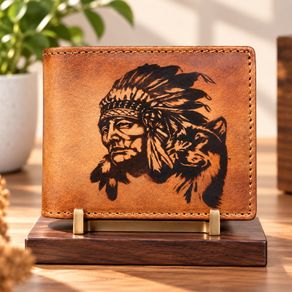 Genuine Leather Wallet for Men Native American & Wolf Design Wallet Western Bifold Wallet
