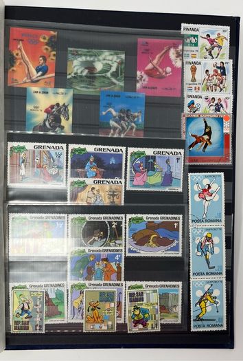 Ace Black 32 page/ 16 leaf Stamp Album with over 900 stamps. Thematic of Animals, Plants, Classic Cars, Space, Trains, Sport & Disney noted.