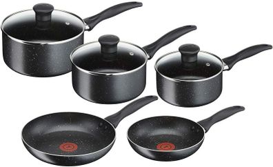 Origins 5 Piece Stone Pots and Pans set, Black, 20 & 24CM Frying Pans, 16 & 18 & 20CM Saucepans with Lids Visit the Tefal Store