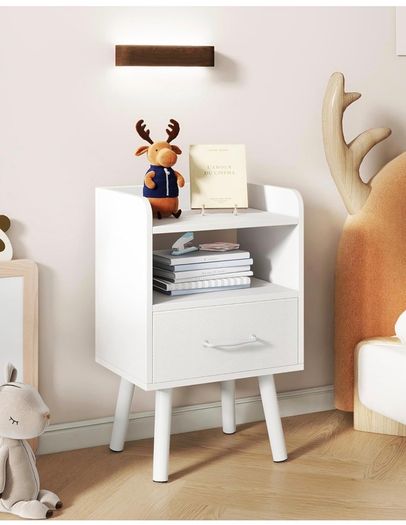 Bedside Table Set of 2, Nightstand, Side Table, Wooden Sofa End Table with Fabric Drawer, Open Shelf, Solid Wood Legs, 39x29x63 cm, for Bedroom, Living Room, White