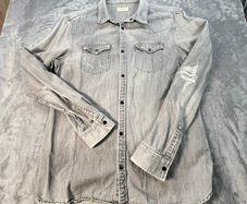 AllSaints Large Grey Distressed Denim Shirt Over Shirt - Cowboy Western Size L