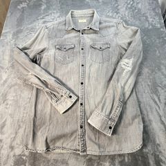 AllSaints Large Grey Distressed Denim Shirt Over Shirt - Cowboy Western Size L