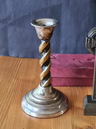 Mcharp Celtic  Cross Plus 2 E P N.s Candlesticks  With Barley Twiist Stems & Bevelled Base.