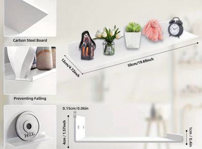 2 White Metal Floating Shelves (50x12cm)