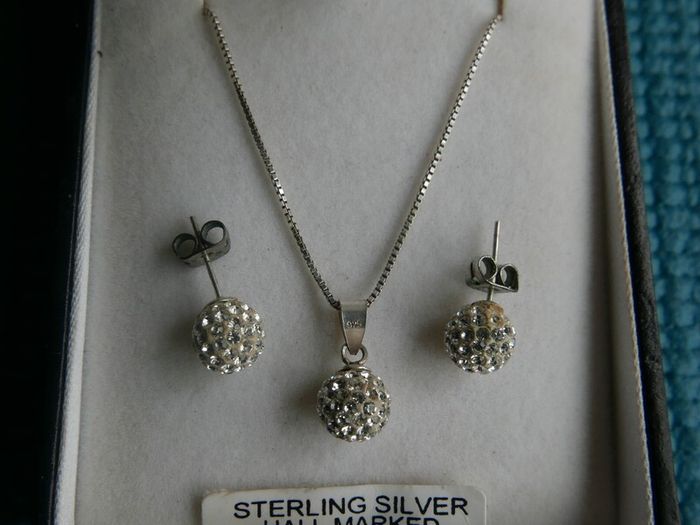 925 Sterling Silver Shamballa Style Crystal Disco Ball Earrings Pendant + Necklace Set