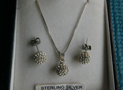 925 Sterling Silver Shamballa Style Crystal Disco Ball Earrings Pendant + Necklace Set