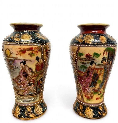 Vintage Satsuma Style Moriage Vases - Matching Pair
